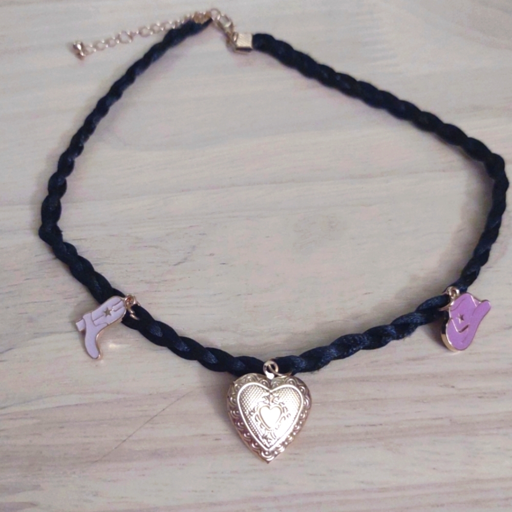 Altar'd State Gold Heart Locket Pink Cowboy Hat Boot Charm Choker Necklace
